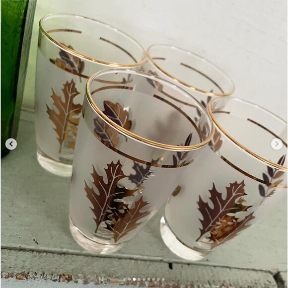 Vintage Drinking Glass Highball Frosted Gold MCM Barware Leaf Libbey Set 4 - Picture 4 of 10